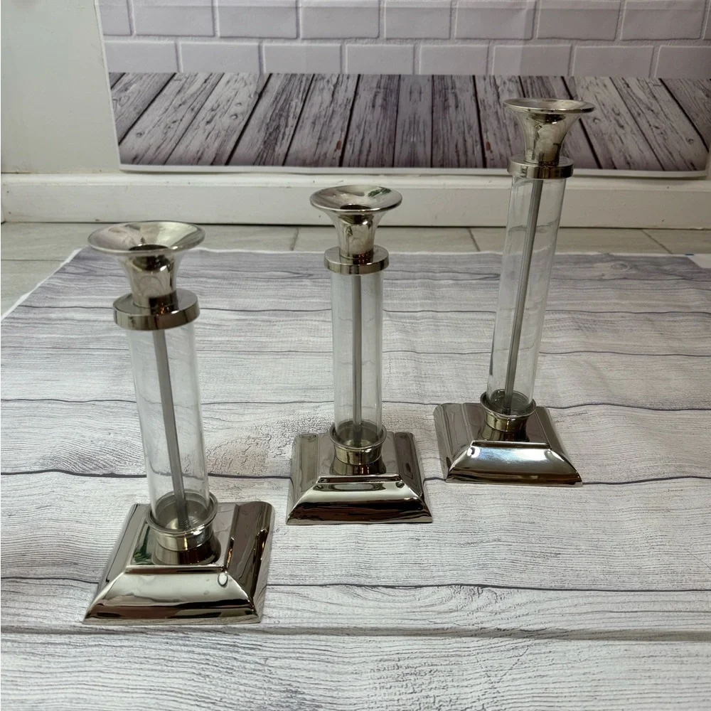 Pottery Barn Amelia Glass & Chrome Candlestick Holder Set of 3 Candle Holders